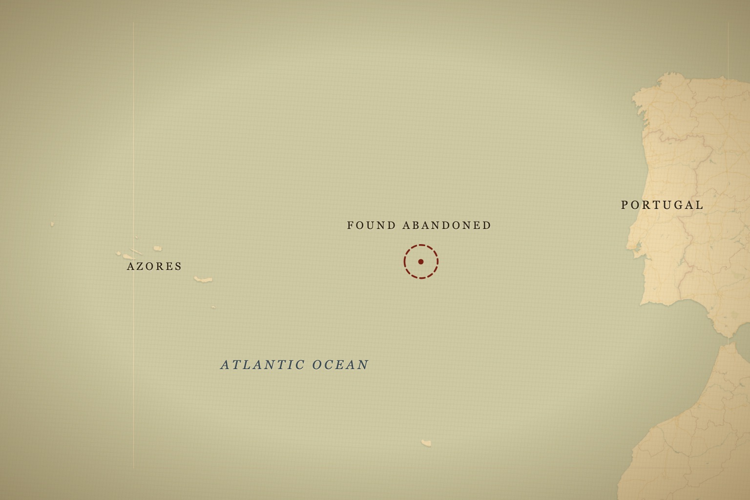 Where the Dei Gratia sighted the Mary Celeste on December 4, 1872 — roughly 400 miles east of the Azores. Map data © OpenStreetMap contributors, tiles © CARTO.