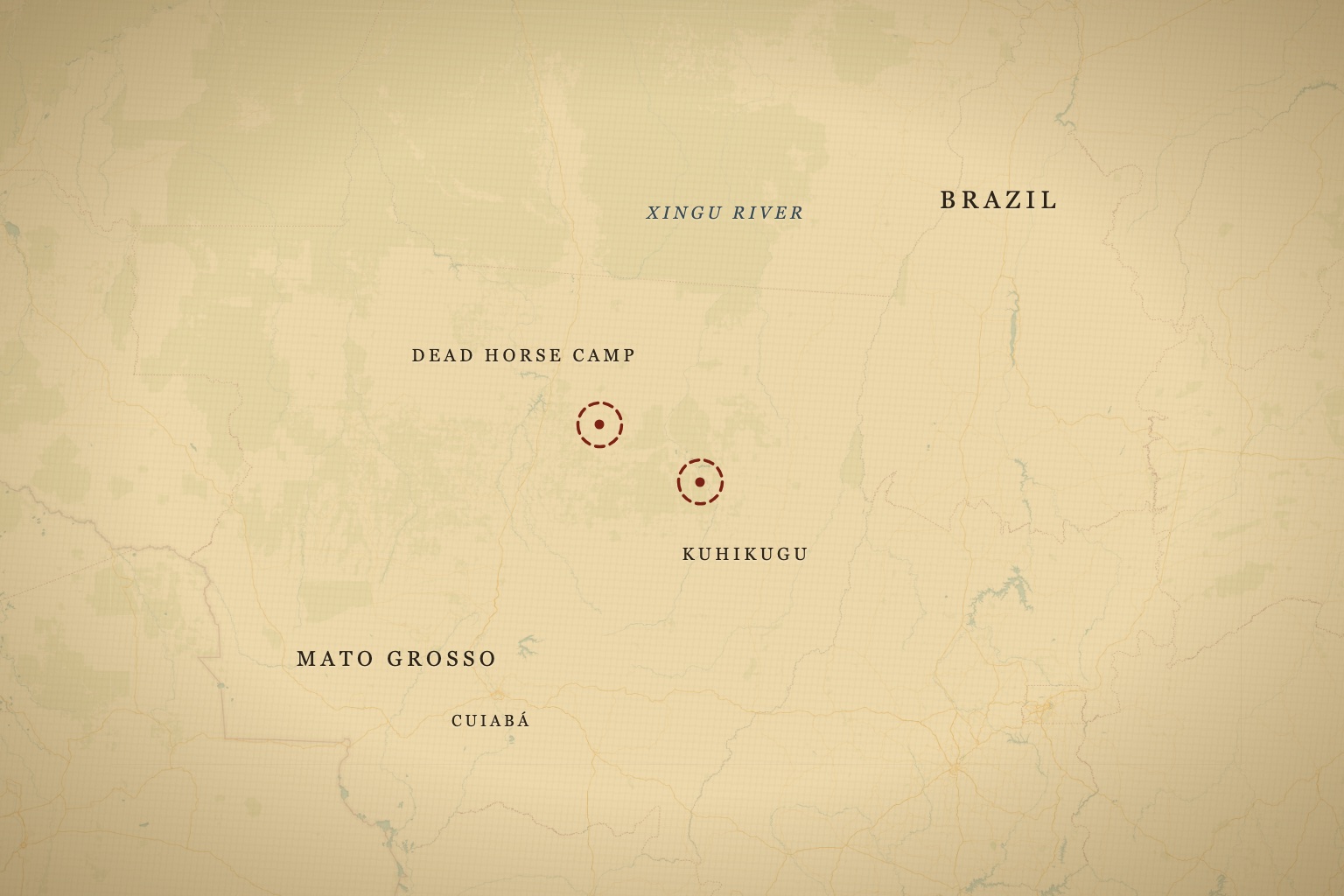 Dead Horse Camp, Fawcett's last reported position in Mato Grosso, with the Kuhikugu ruins at the Xingu headwaters to the southeast. Map data © OpenStreetMap contributors, tiles © CARTO.