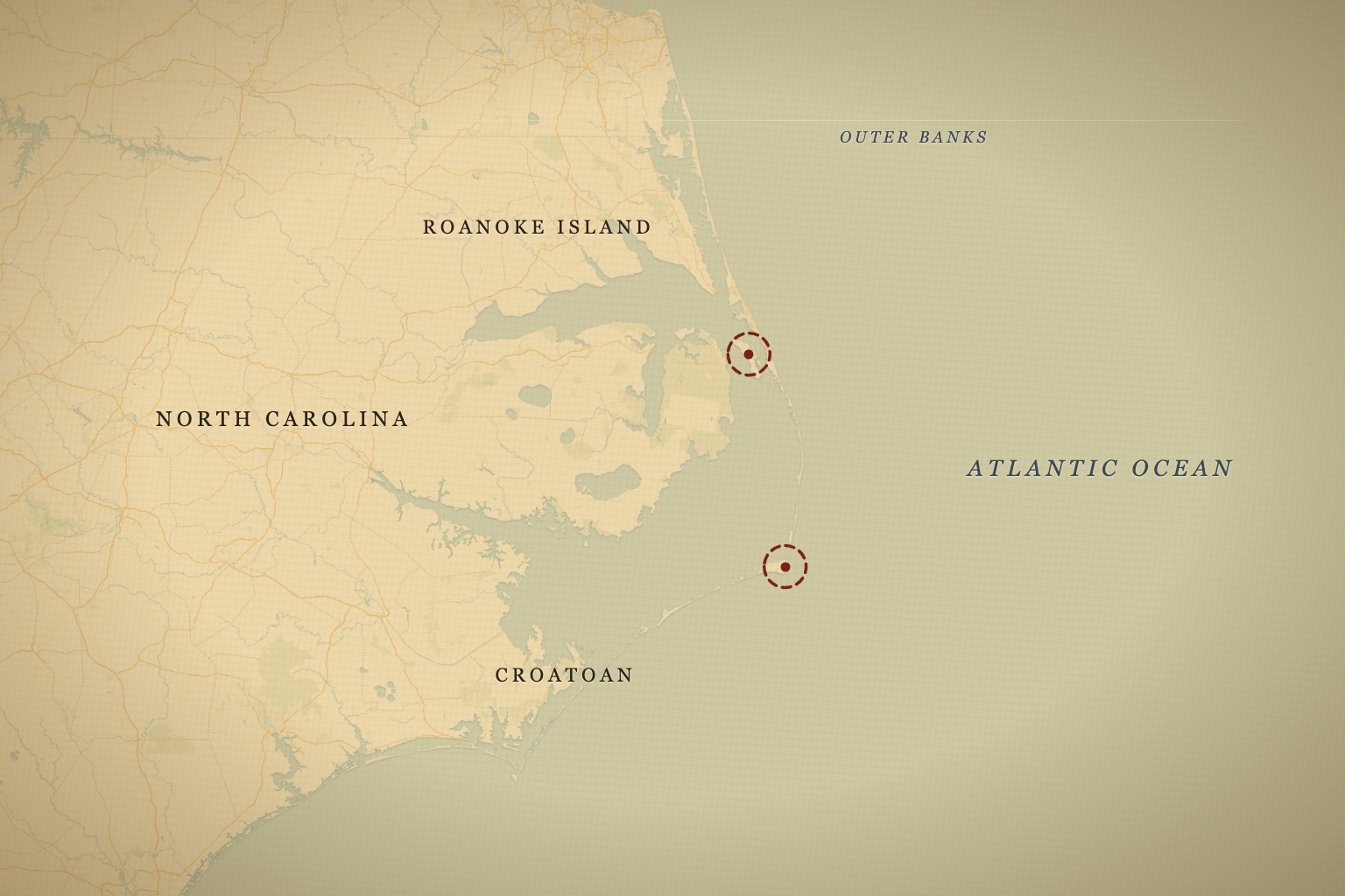 Roanoke Island behind the North Carolina Outer Banks, with Croatoan — modern Hatteras Island — to the south. Map data © OpenStreetMap contributors, tiles © CARTO.