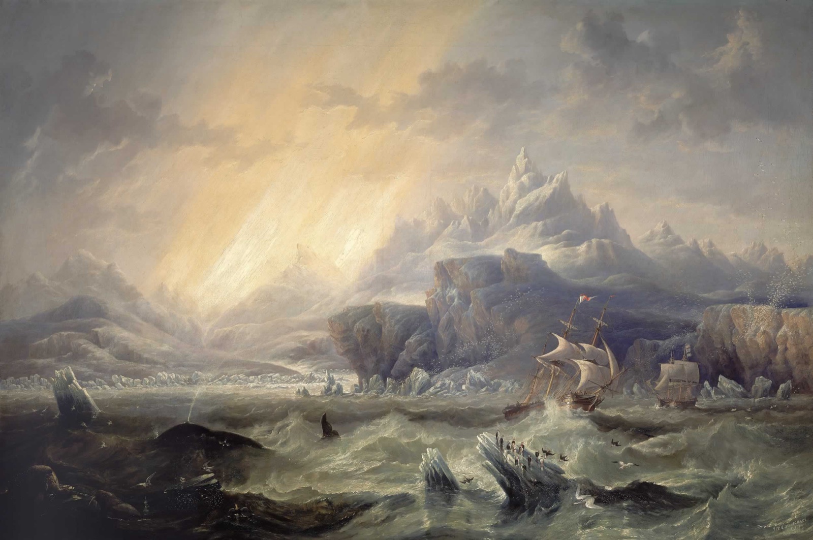 The real Erebus and Terror among the ice, painted in 1847 by John Wilson Carmichael — shown here on their earlier Antarctic voyage, two years before they vanished in the Arctic. Public domain, via Wikimedia Commons.