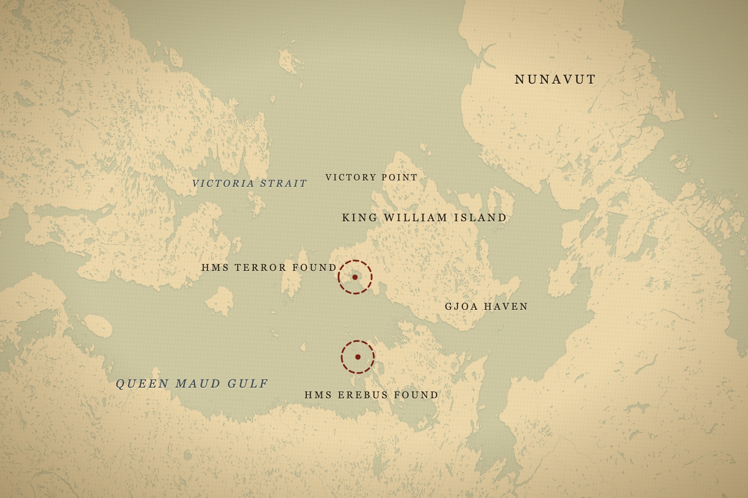 King William Island and the waters of Queen Maud Gulf in the Canadian Arctic, where Erebus and Terror were finally located. Map data © OpenStreetMap contributors, tiles © CARTO.