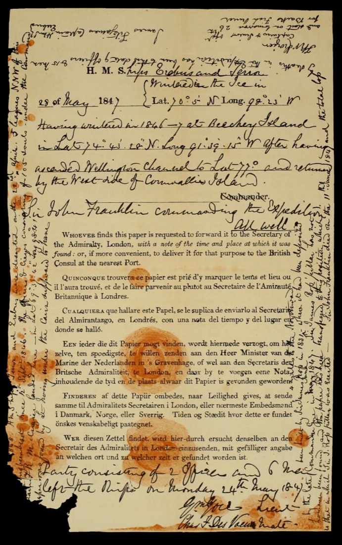The Victory Point note, recovered from a cairn on King William Island in 1859. The May 1847 entry ends 'All well'; the April 1848 addendum scrawled around its margins records Franklin's death and the abandonment of both ships. Public domain, via Wikimedia Commons.