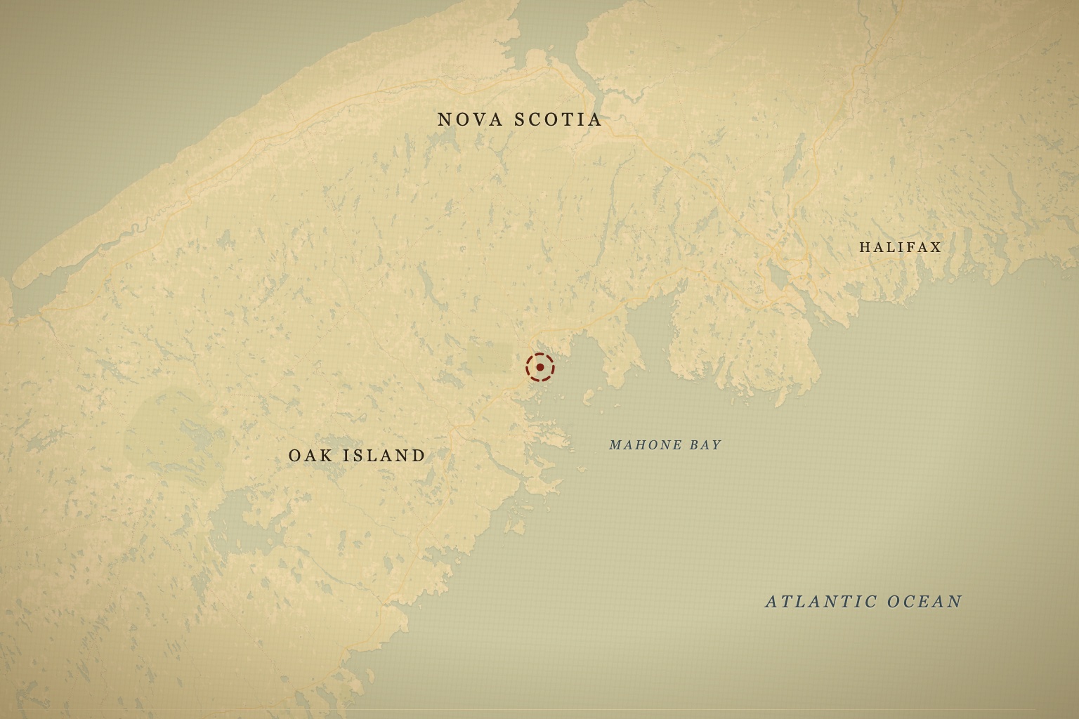 Oak Island in Mahone Bay, on Nova Scotia's Atlantic shore. Map data © OpenStreetMap contributors, tiles © CARTO.