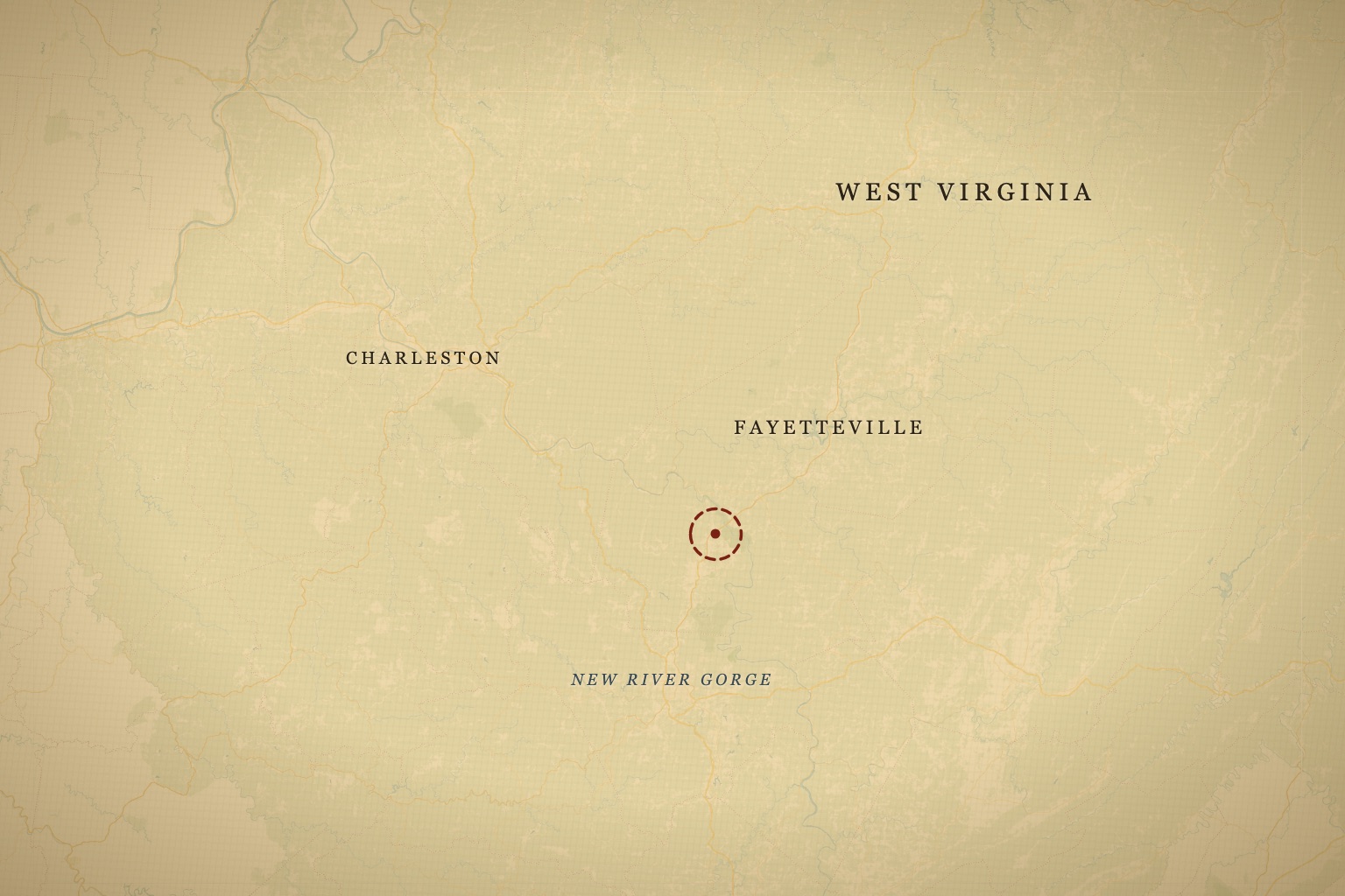 The Sodder home site outside Fayetteville, in Fayette County, West Virginia, southeast of Charleston. Map data © OpenStreetMap contributors, tiles © CARTO.