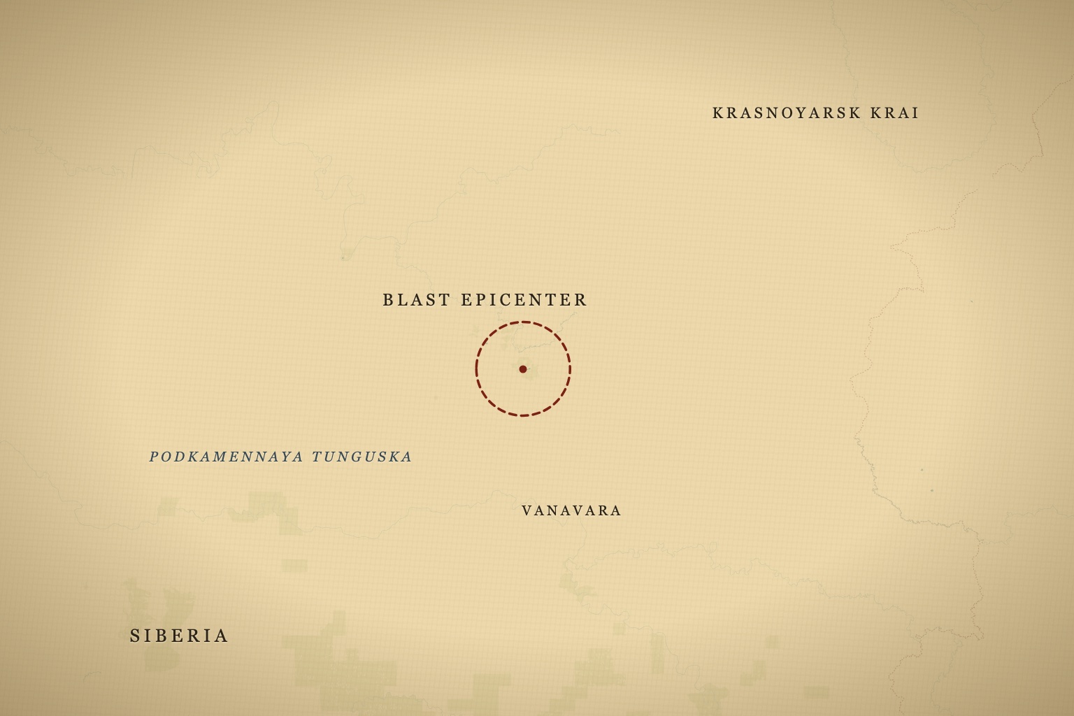 The Tunguska blast zone near the Podkamennaya Tunguska River in Krasnoyarsk Krai, central Siberia, north of the trading post at Vanavara. Map data © OpenStreetMap contributors, tiles © CARTO.