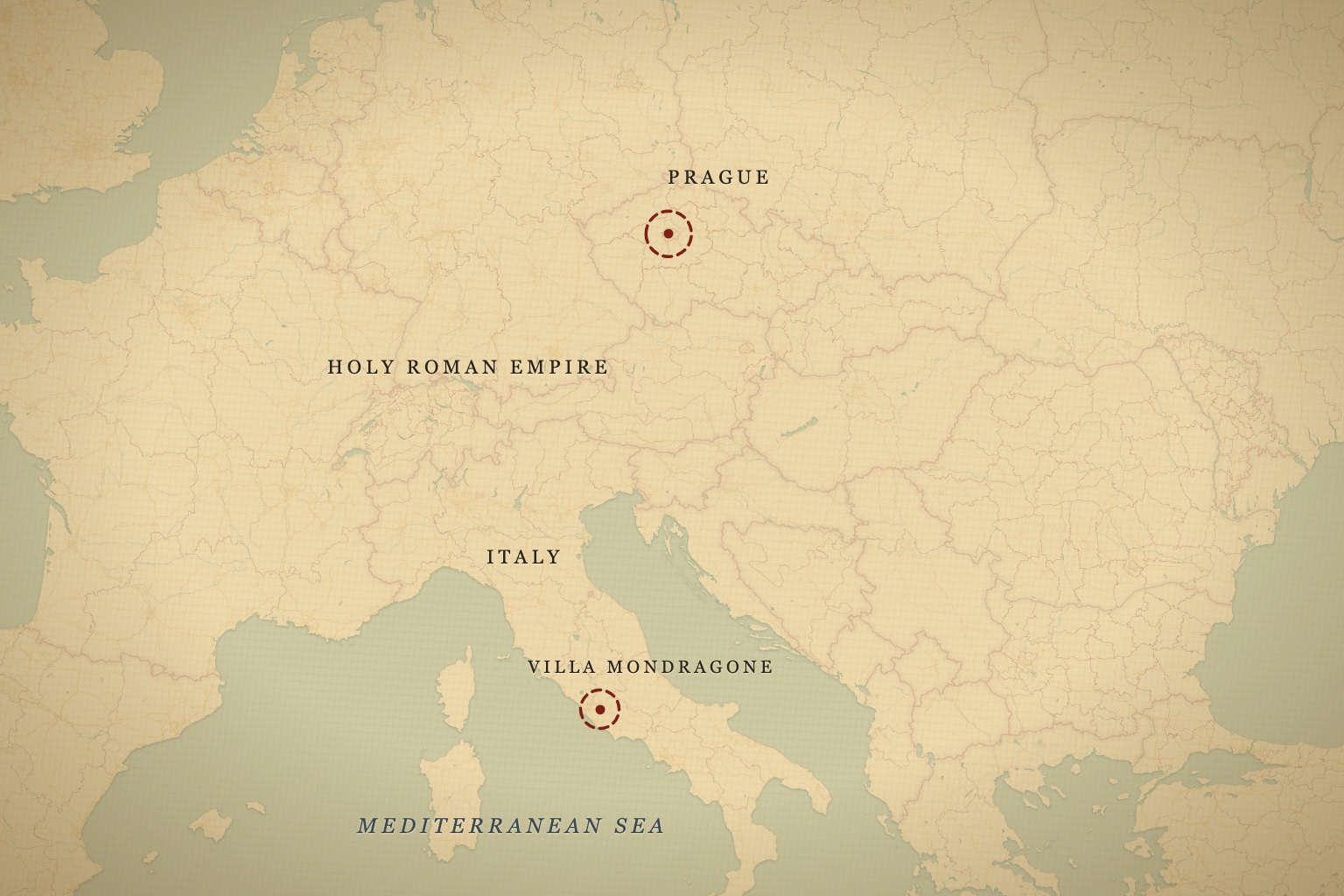 The manuscript's documented trail runs from Rudolf II's Prague to Villa Mondragone outside Rome, where Wilfrid Voynich acquired it in 1912. Map data © OpenStreetMap contributors, tiles © CARTO.